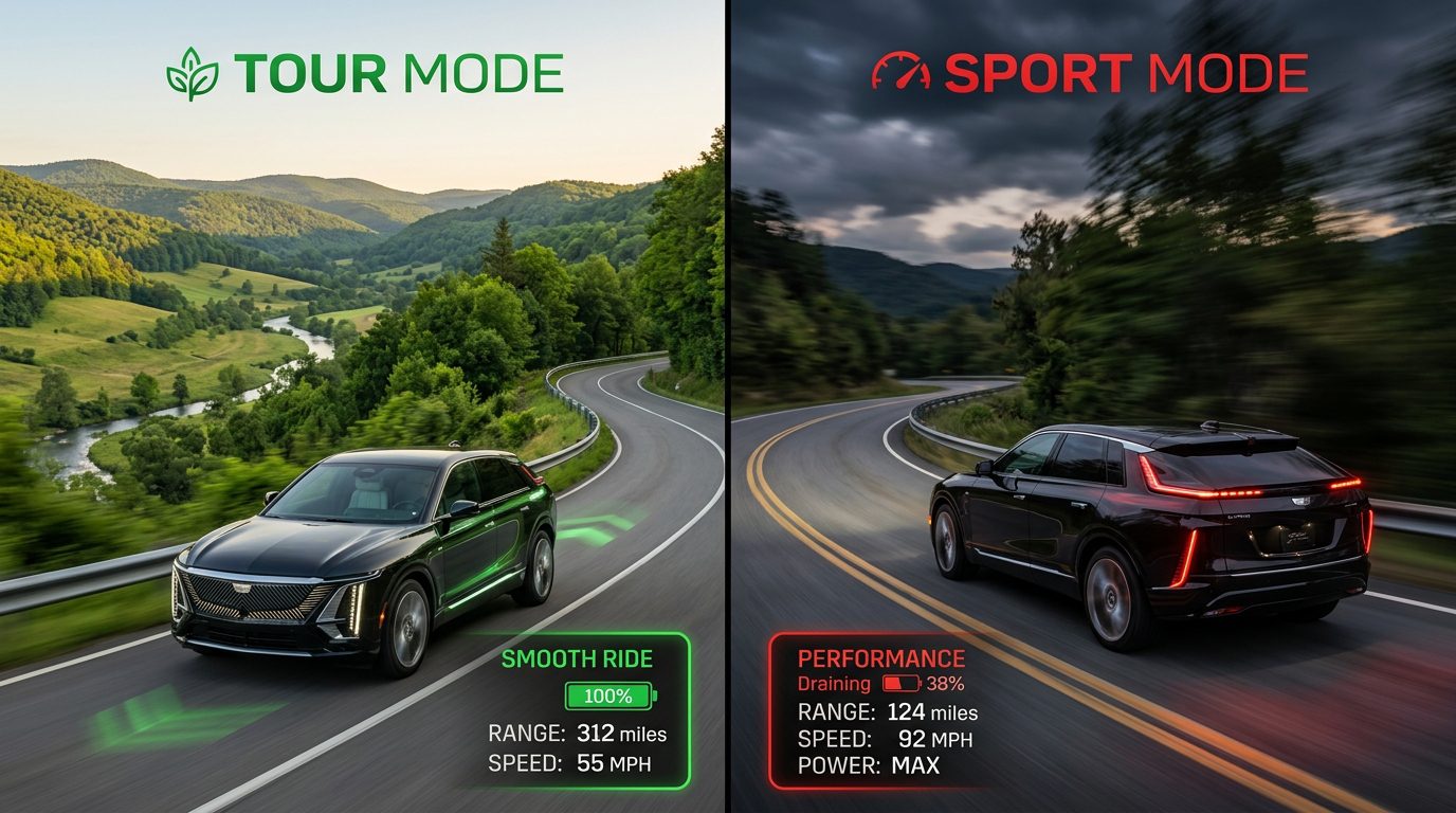 do the driving modes in cadillac lyriq offer different ranges or battery usages